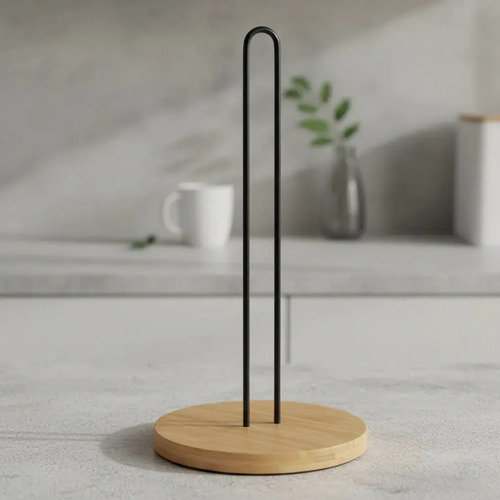 Portarrollos Papel Cocina Metal Negro Base Bambú 15x33 Cm Negro