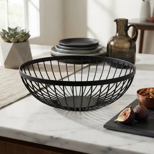 Frutera Centro De Mesa Metálica Negra Redonda Moderna Negro