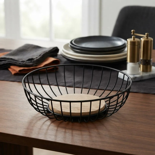 Frutera Centro De Mesa Metálica Negra Redonda Moderna Negro
