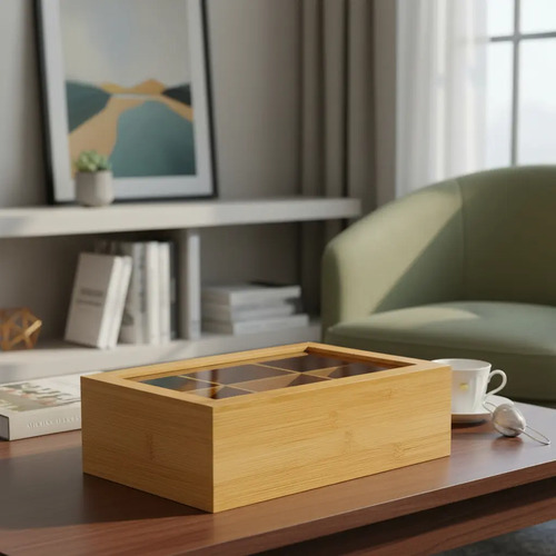 Caja De Te Madera Bamboo 6 Divisiones Tapa Acrilico