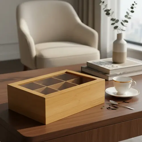 Caja De Te Madera Bamboo 6 Divisiones Tapa Acrilico