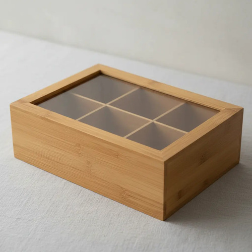 Caja De Te Madera Bamboo 6 Divisiones Tapa Acrilico