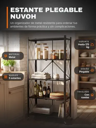 Estante Metalico Plegable Con Ruedas 5 Niveles Nuvoh Negro Negro