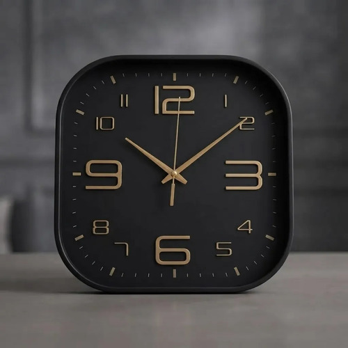 Reloj De Pared Quartz Numeros Liso 25 Cm Cuadrado Negro